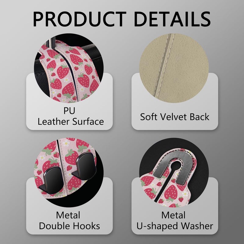 Blusabaca 2PCS Car Seat Back Storage Headrest Hooks, Cute Strawberry Purse Holder Bags Hanger, PU Leather Double Metal Hook for Backseat Organizer, Women Car Accessories Organization - Image 4